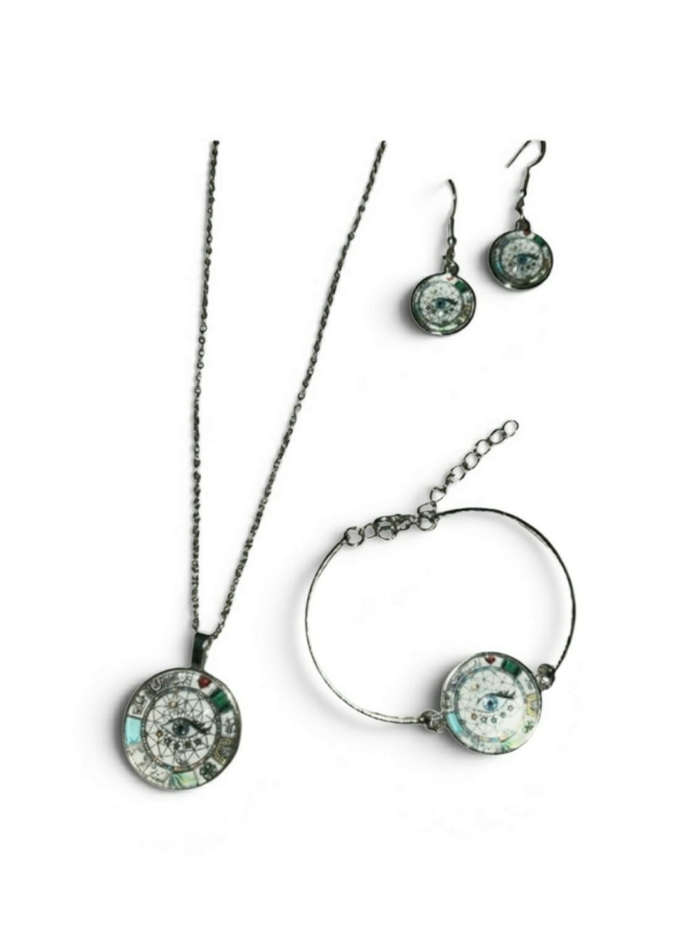 Silver-Tone Turquoise Mosaic Compass Jewelry Set.